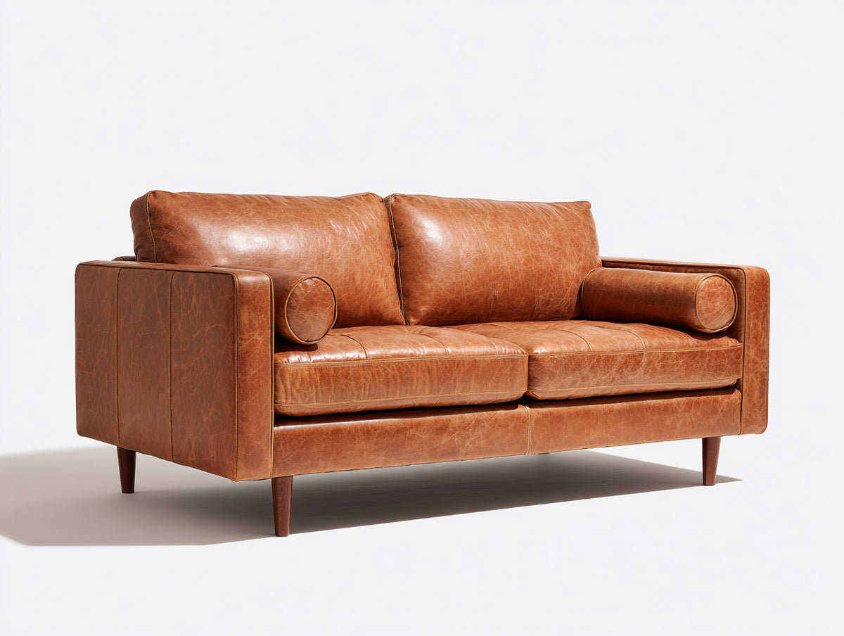 Zweisitzer Sofa - Bezug in Lederoptik 168 x 90 x 84 cm - Cognacbraun mit Holzfüßen - Modernes 2 Sitzer Sofa für Wohnzimmer