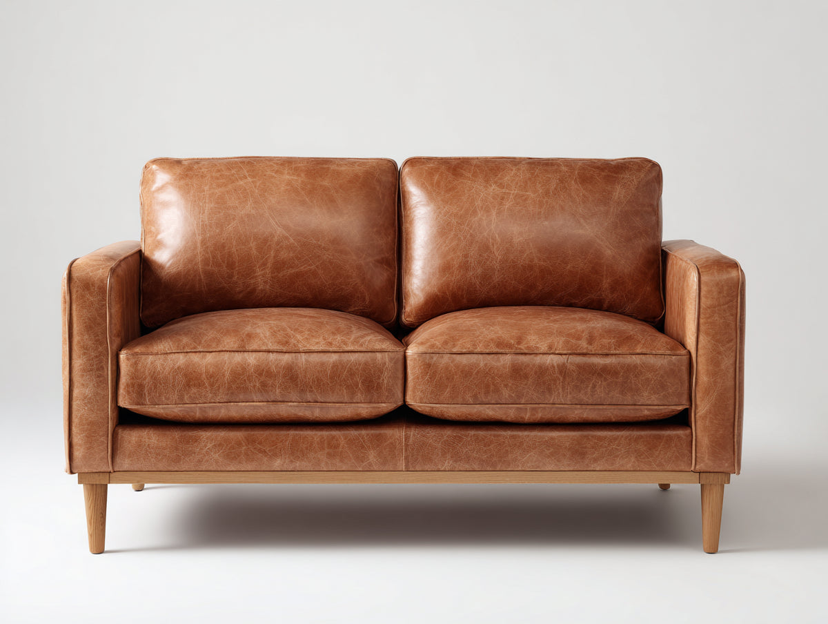 Zweisitzer Sofa - Bezug in Lederoptik 160 x 88 x 82 cm - Cognacbraun mit Holzfüßen - Modernes 2 Sitzer Sofa für Wohnzimmer