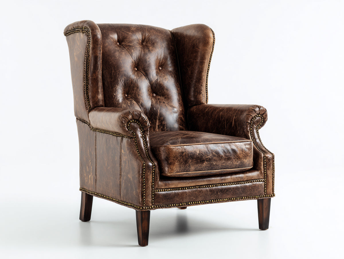 Sessel - Bezug in Lederoptik 84 x 88 x 108 cm - Dunkelbraun mit Holzfüßen - Klassischer Ohrensessel mit Knopfheftung
