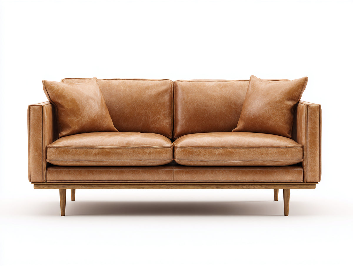 Zweisitzer Sofa - Bezug in Lederoptik 165 x 90 x 84 cm - Cognacbraun mit Holzfüßen - Modernes 2 Sitzer Sofa für Wohnzimmer