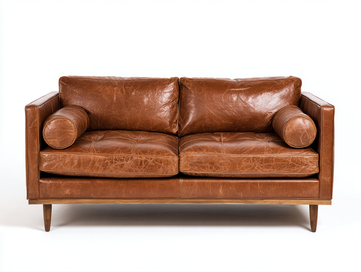 Zweisitzer Sofa - Bezug in Lederoptik 188x90x82 cm - Cognacbraun - Modernes Design mit geraden Armlehnen
