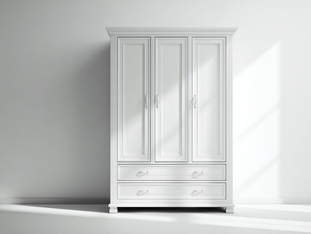 Kleiderschrank Holzwerkstoff 150x55x200 cm - Weiß - 3 Türen 2 Schubladen Klassisches Design