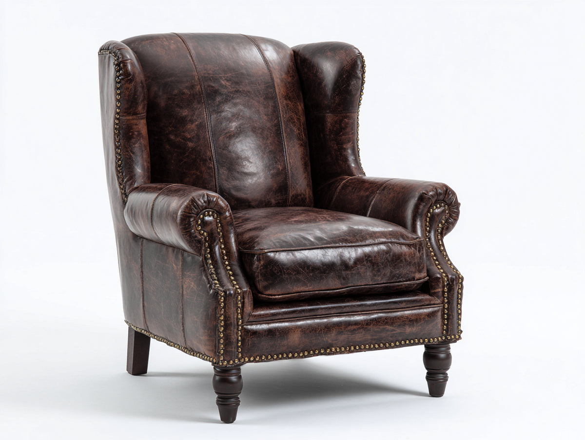 Sessel - Bezug in Lederoptik 87x90x108 cm - Dunkelbraun - Klassischer Ohrensessel mit Ziernägeln und geschwungenen Armlehnen