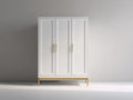 Kleiderschrank - Holzoptik 135x58x195 cm - Weiß-Goldfarben - Moderner 3 türiger Schrank mit erhöhtem Untergestell