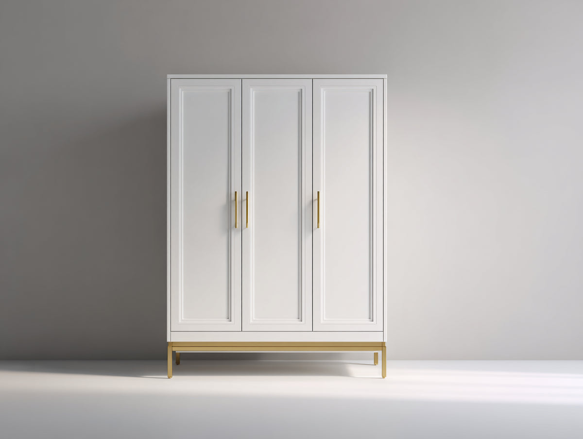 Kleiderschrank - Holzoptik 135x58x195 cm - Weiß-Goldfarben - Moderner 3 türiger Schrank mit erhöhtem Untergestell