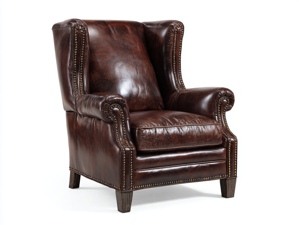 Sessel - Bezug in Lederoptik 82 x 90 x 108 cm - Dunkelbraun mit Holzfüßen - Klassischer Ohrensessel mit Ziernieten