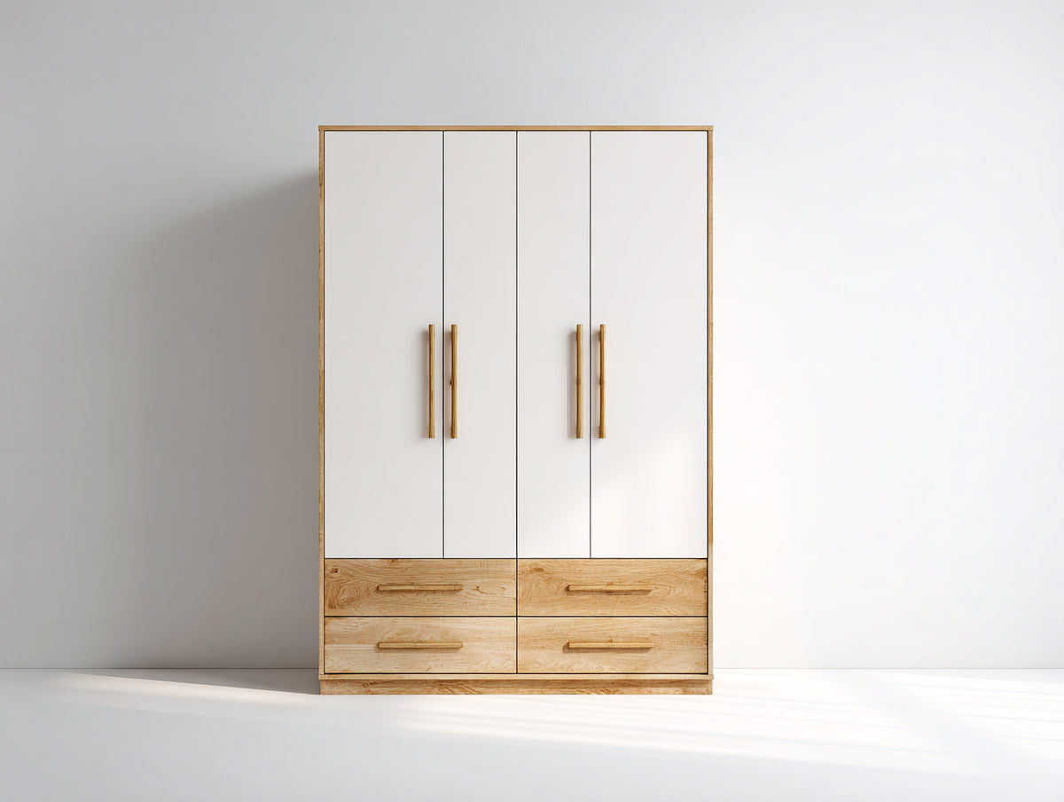 Kleiderschrank - Holzoptik 160 x 55 x 200 cm - Weiß und Naturfarben - 4 Türen und 4 Schubladen für Schlafzimmer